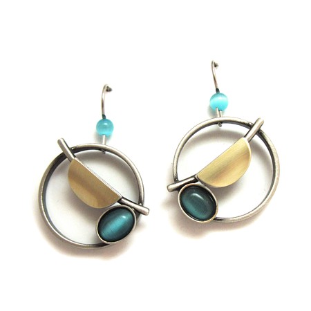 Blue Catsite Circle with Half-moon in Center Earrings - Click Image to Close